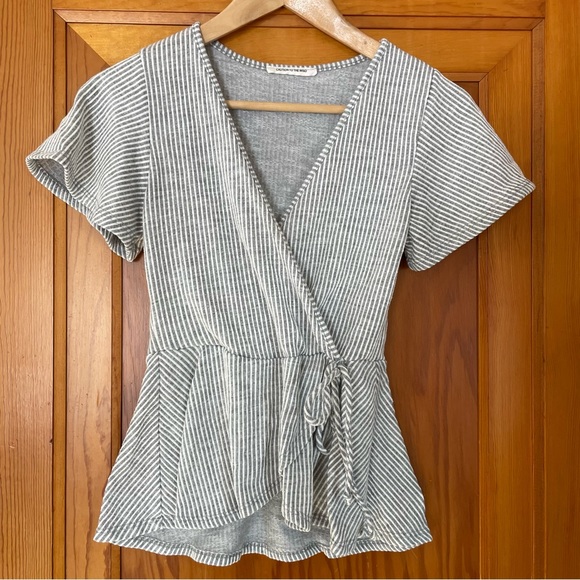 Caution To The Wind Tops - Gray Striped Peplum Top
